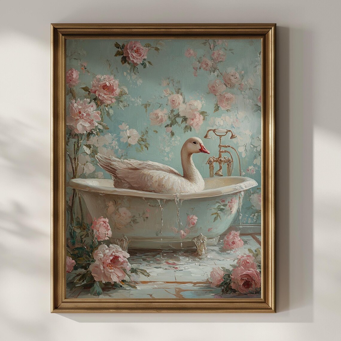White Goose in a Floral Bathtub with Pink Roses Funny Art Poster