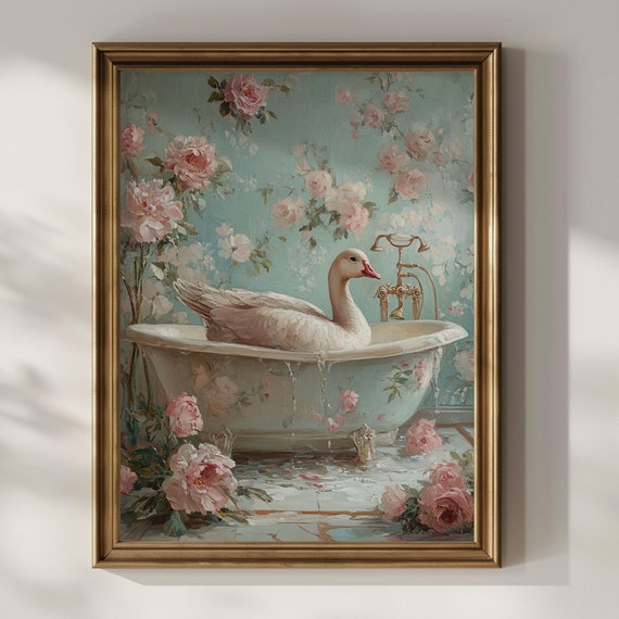 Goose Bathroom Wall Art Silly Funny Goose In Bathtub Vintage Painting Floral Wall Decor Animal Lover Gift