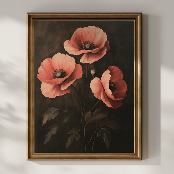 Coral Poppy Flowers on Dark Background Vintage Floral Poster