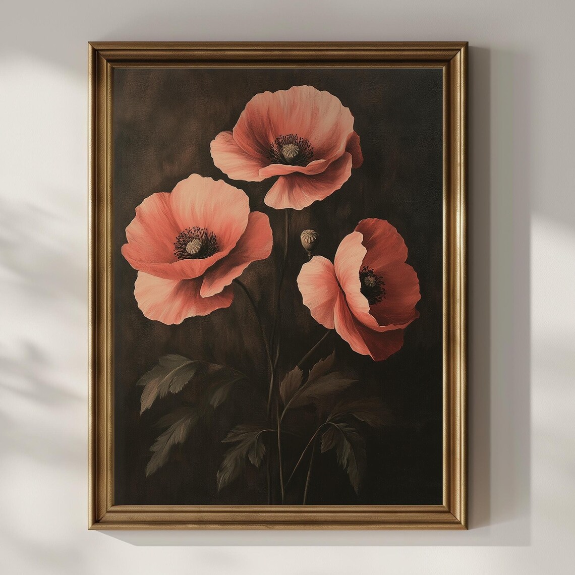 Coral Poppy Flowers on Dark Background Vintage Floral Poster