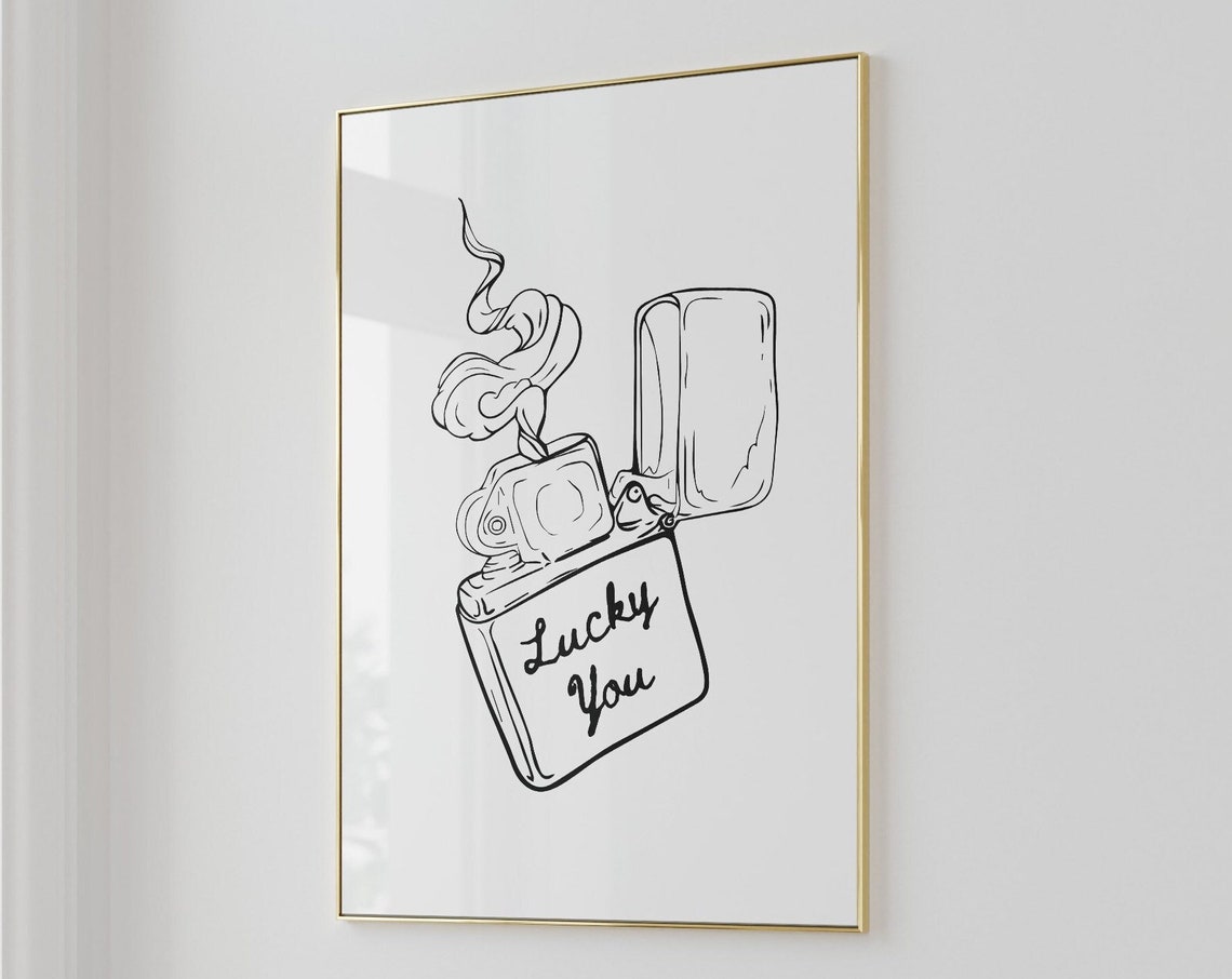 Lucky You Hand Drawn Lighter Retro Line Art Trendy Black Poster - Image 3