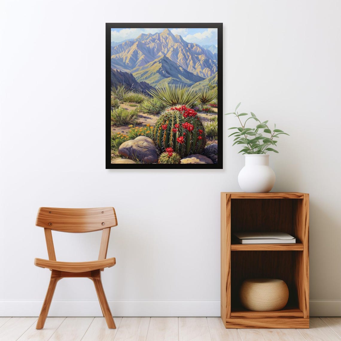 Red Blooming Barrel Cactus with Rugged Mountain Desert Poster - Image 2