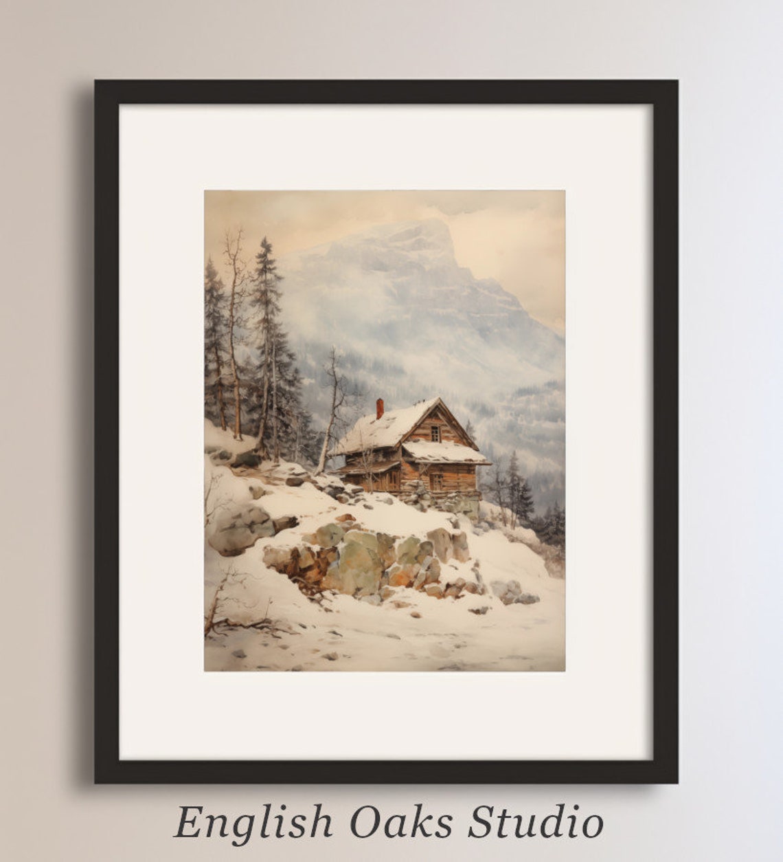 Lonely Log Cabin on Rocky Snowy Slope Misty Mountain Winter Poster