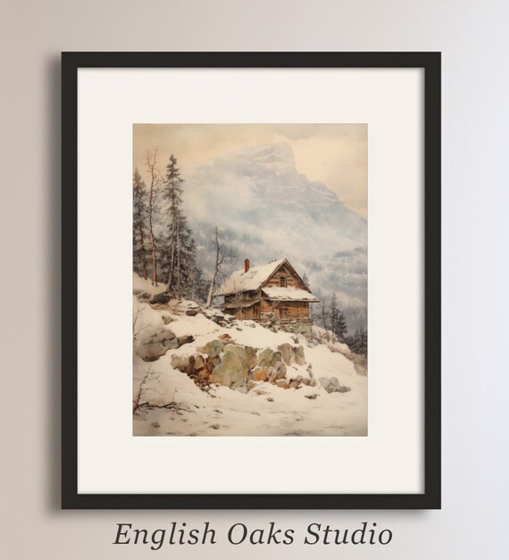 Lonely Log Cabin on Rocky Snowy Slope Misty Mountain Winter Poster