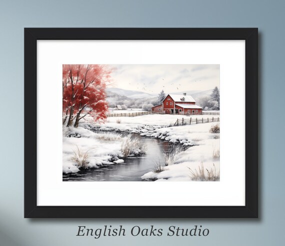 Red Barn in Snow with Frozen Stream Winter Oil Painting Poster