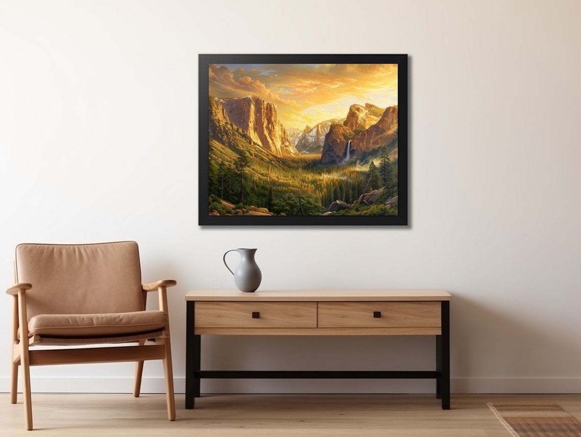 Golden Sunset Granite Canyon Valley Waterfall Pine Forest Poster - Image 2