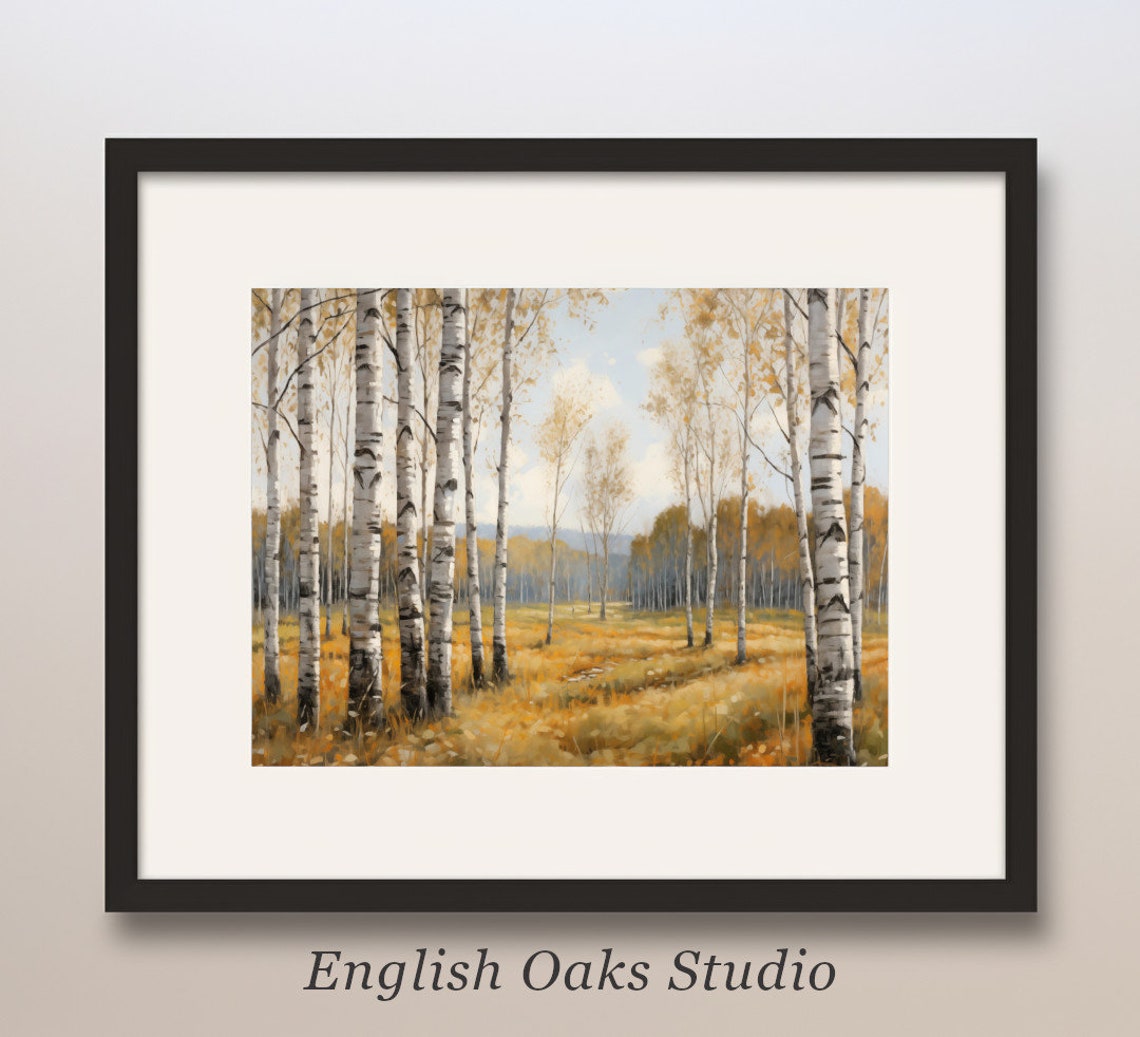 Golden Birch Grove Meadow in Warm Autumn Light Oil Painting Poster