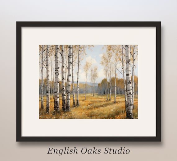 Golden Birch Grove Meadow in Warm Autumn Light Oil Painting Poster