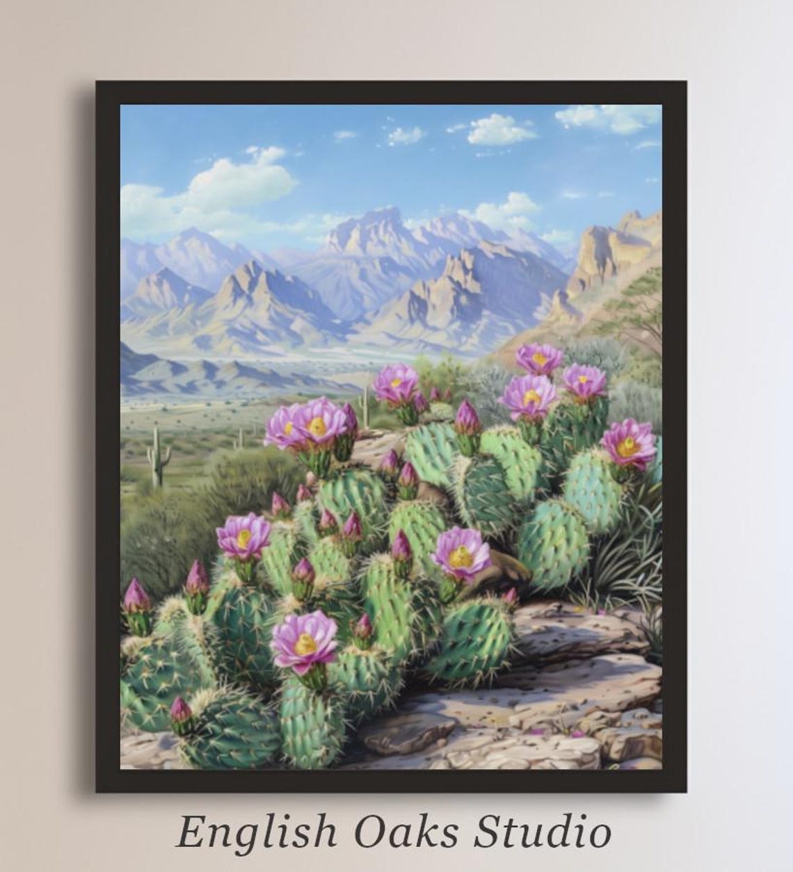Blooming Lavender Cactus Flowers Against Desert Mountains Poster