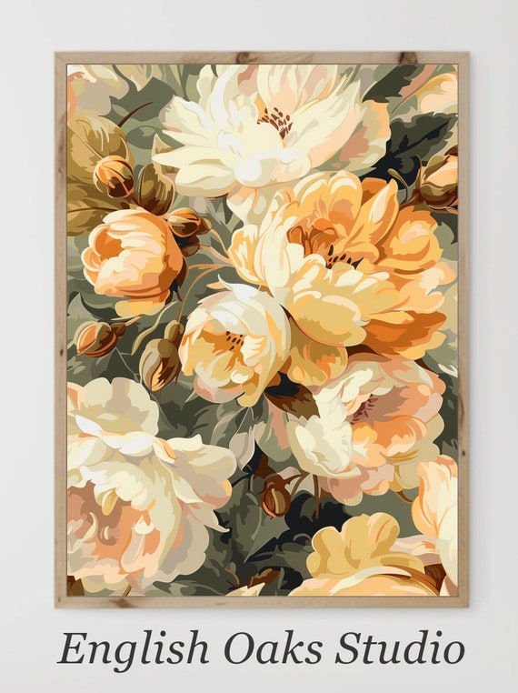 Moody Yellow And Beige Peony Bouquet Painting Vintage Flower Still Life Print