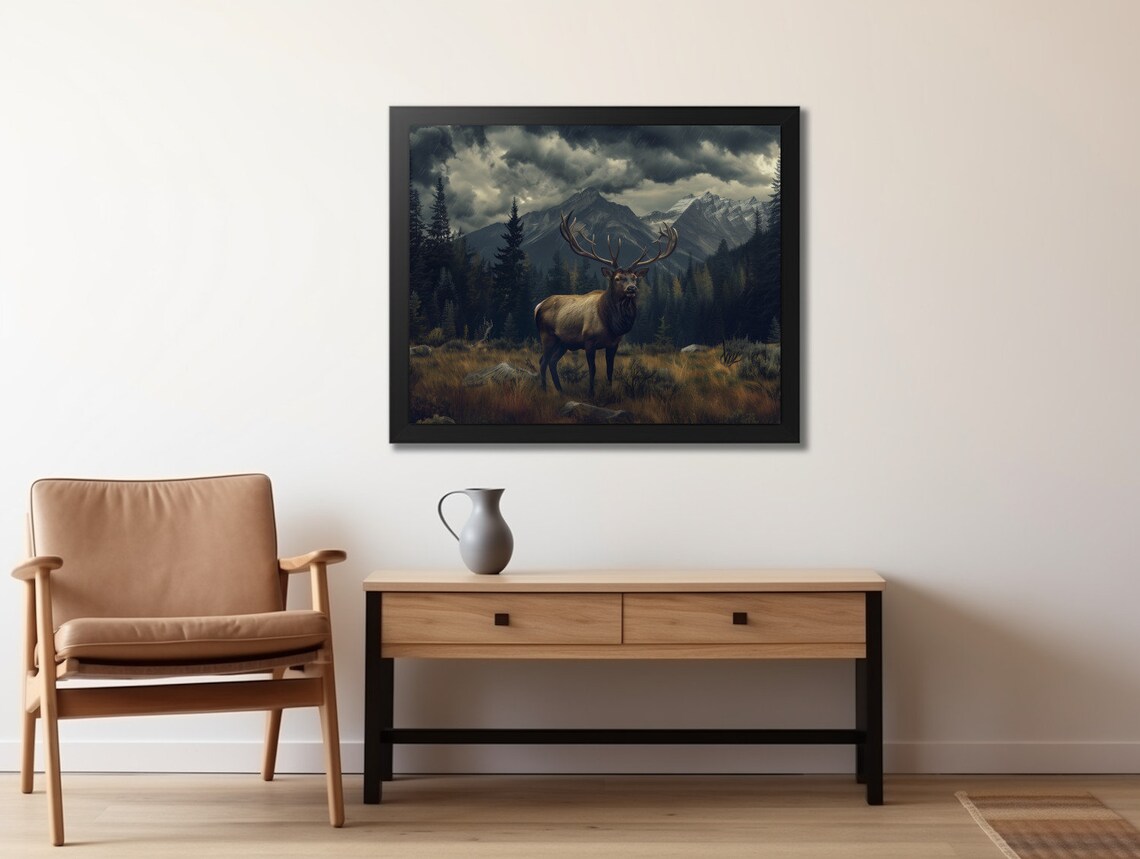 Elk Under Storm Clouds Mountain Meadow Vintage Moody Wildlife Poster - Image 2