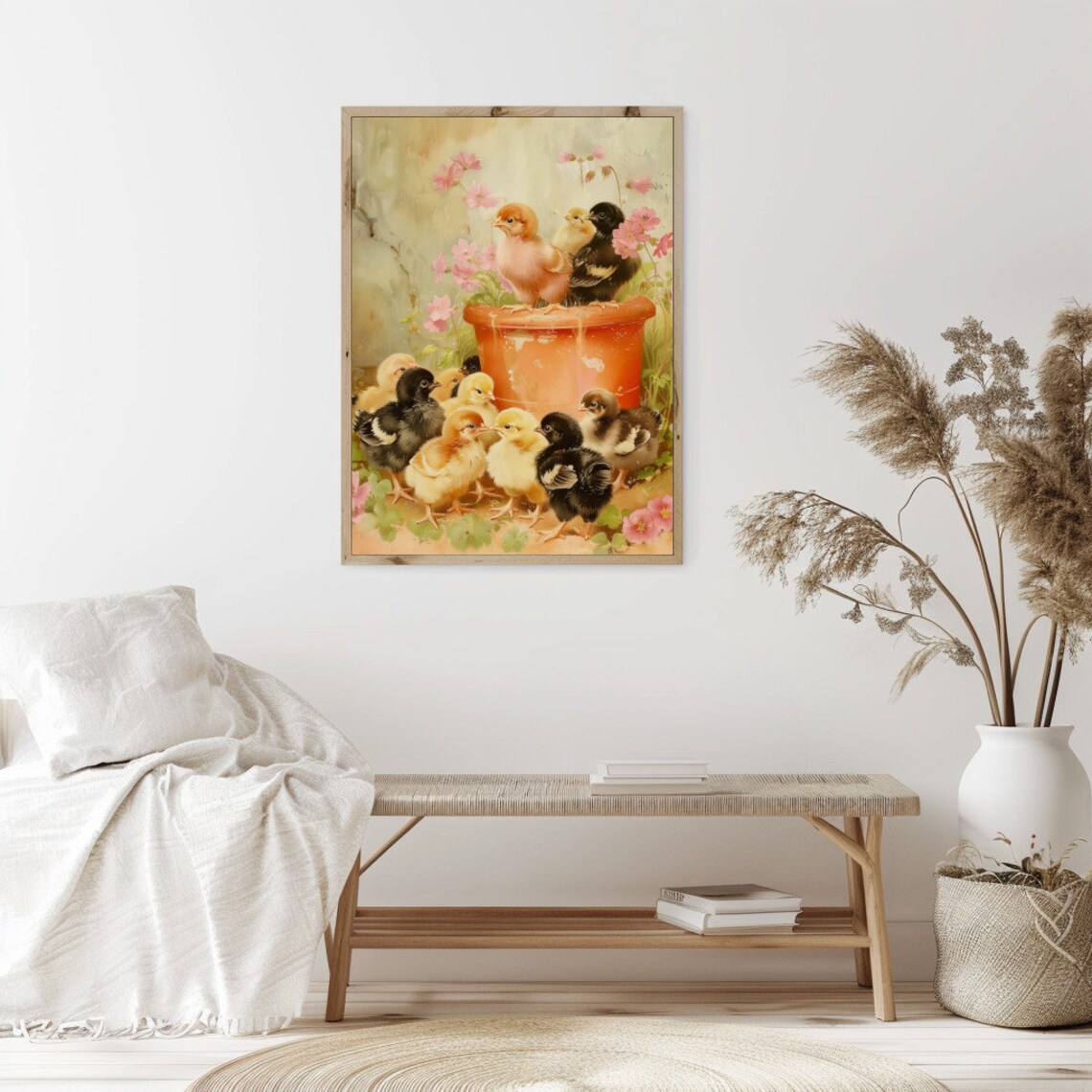 Baby Chicks Terracotta Pot Pink Flowers Cute Farm Chicks Painting Poster - Image 2