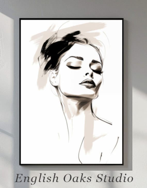 Elegant Woman Portrait Sketch Closed Eyes Minimalist Ink Wall Art