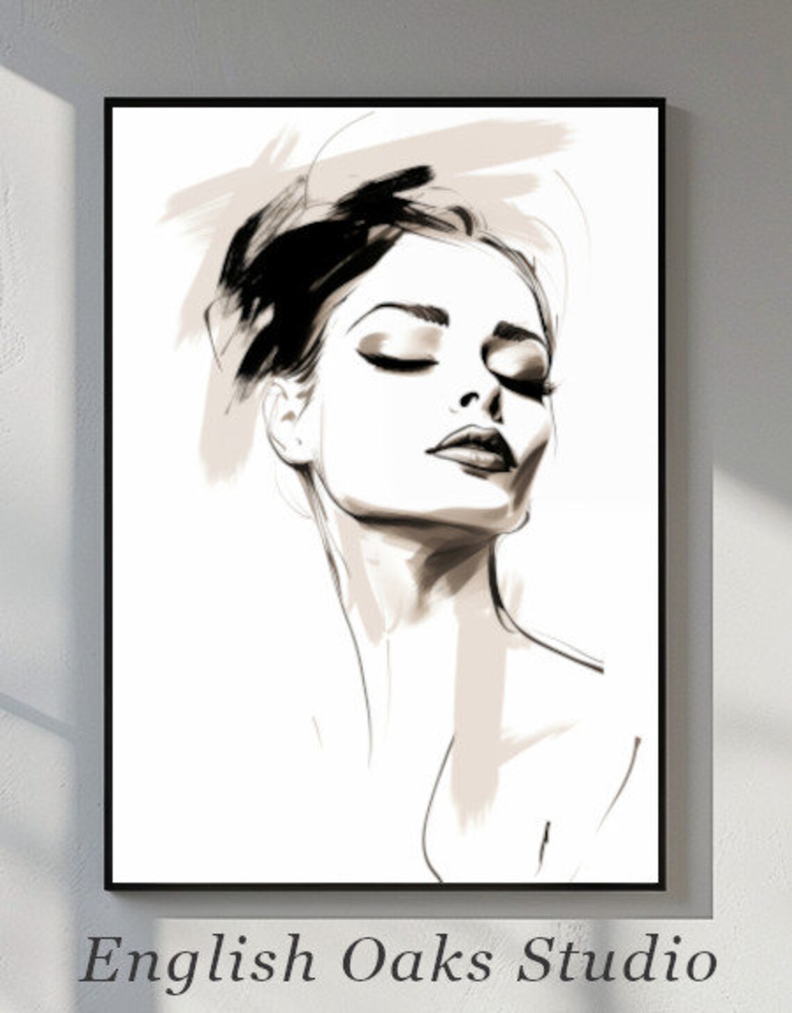 Elegant Woman Portrait Sketch Closed Eyes Minimalist Ink Wall Art