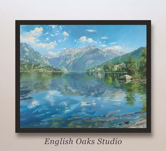Alpine Blue Lake Painting Mountain Lake Landscape Print Lake House Decor Wall Art