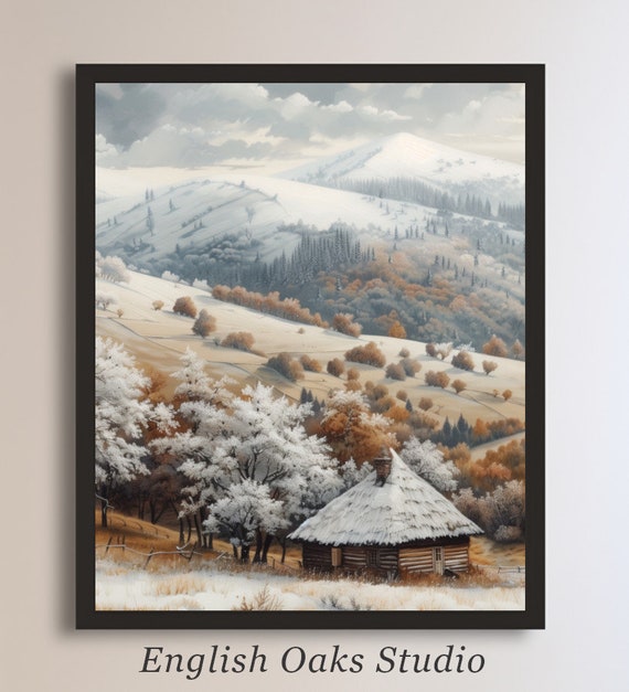 First Snow Neutral In The Carpathians Mountains Print Moody Winter Alpine Cottage Painting Rustic Vintage Winter Landscape Wall Art 02