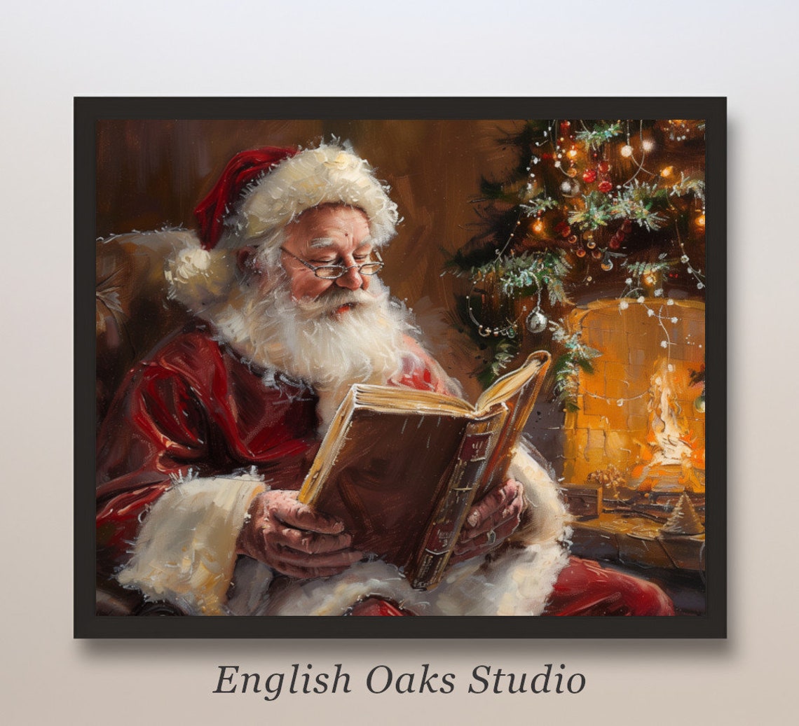 Santa Reading by Christmas Tree Fireplace Night Painting Poster