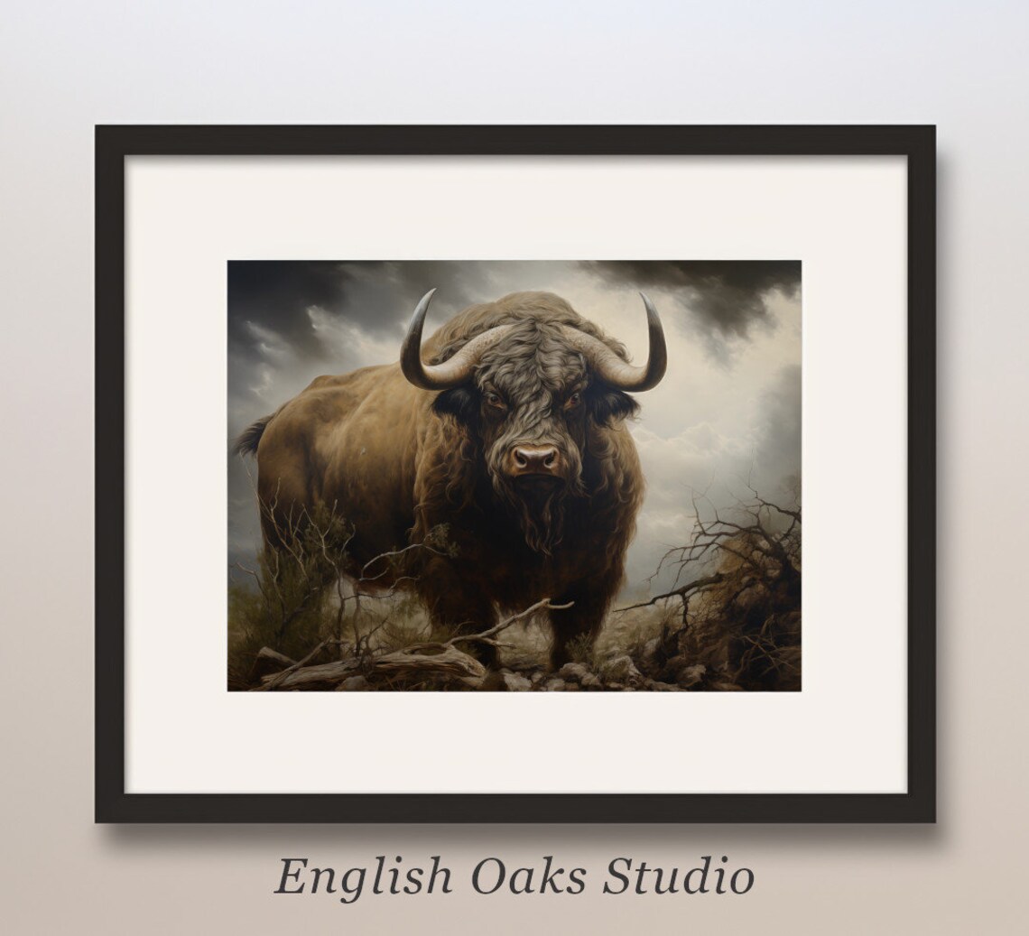 Vintage Moody Bison Oil Painting, Summer Landscape Art Print