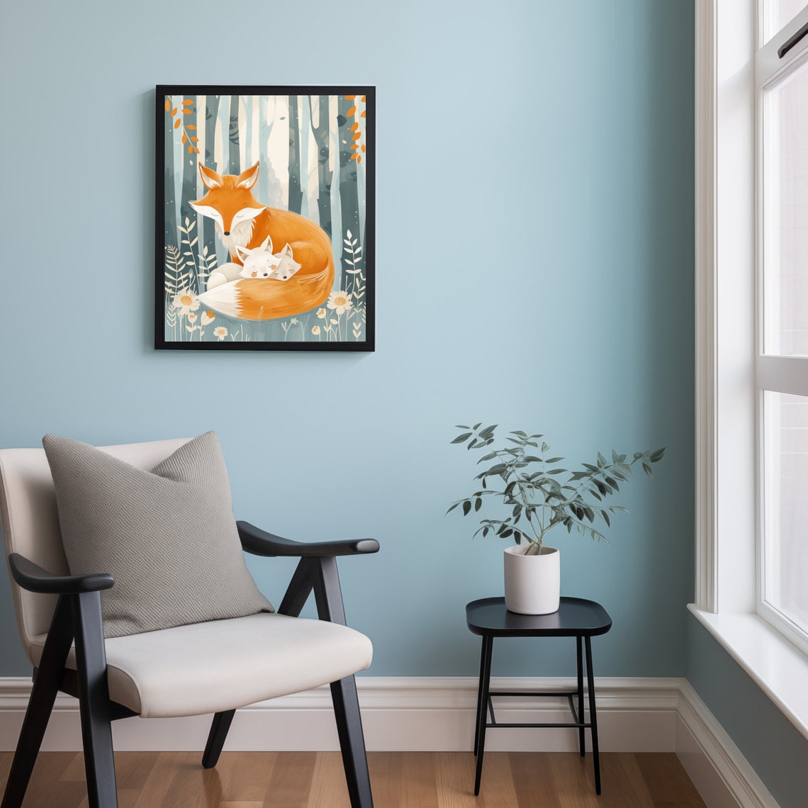 Sleeping Mother Fox Cuddling Two Kits Woodland Nursery Art Poster - Image 2