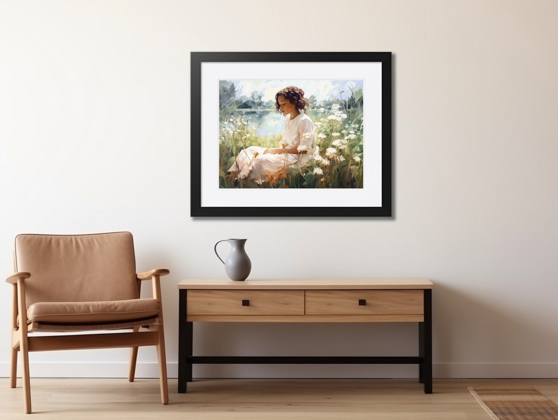Girl In A Field Of Wildflowers Art Print Female By The Lake Painting 01 - Image 2
