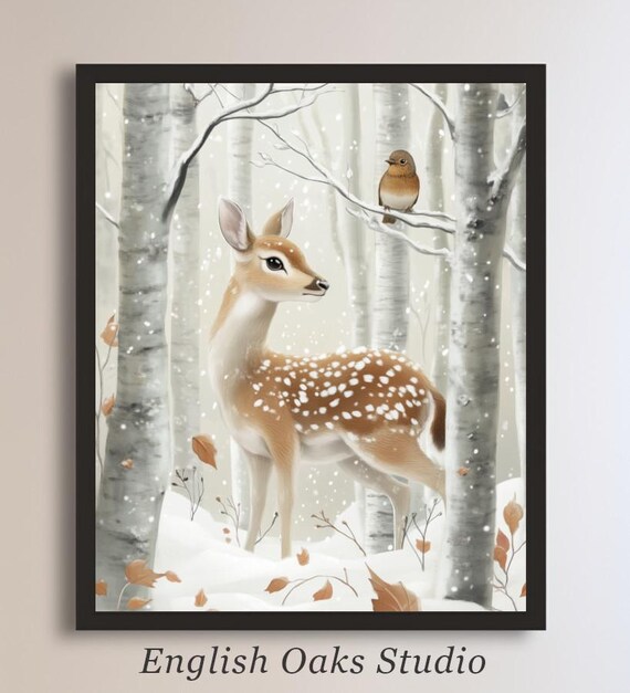Spotted Fawn And Bird In Snowy Birch Forest Winter Animal Poster