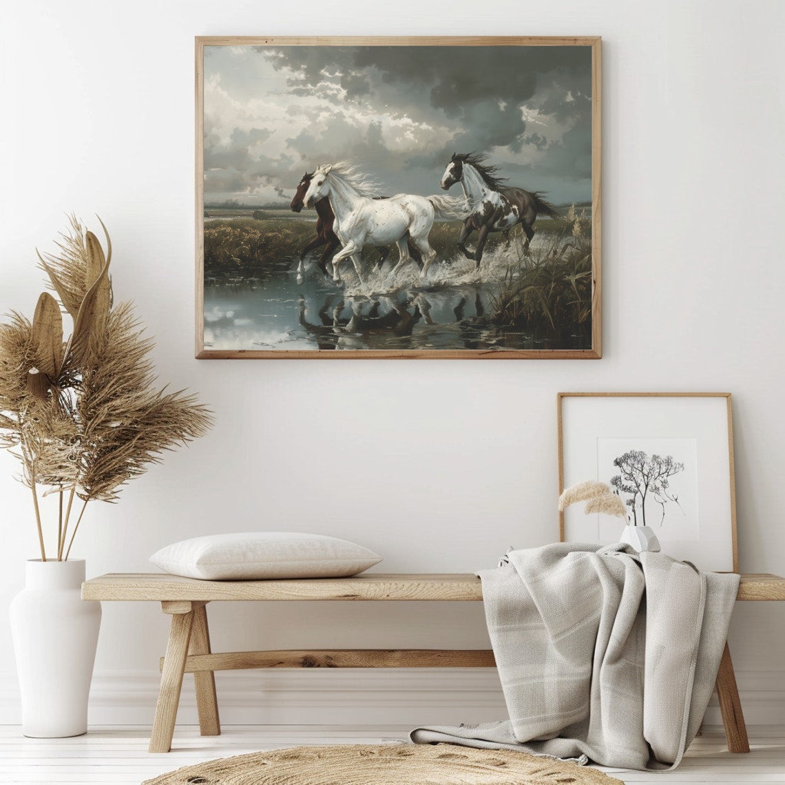 Three Wild Horses Galloping Stormy Marsh Water Dramatic Equine Poster - Image 2