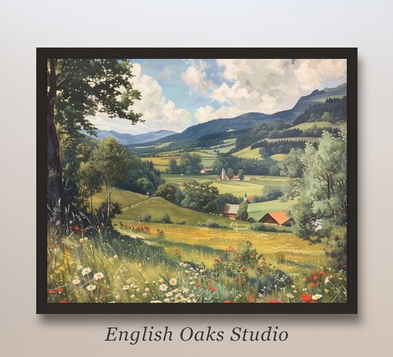 Vintage Summer Countryside Meadow With Village Church And Mountains Poster