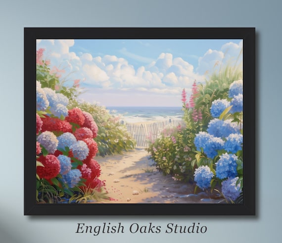Beach Path Hydrangea Garden Picket Fence Ocean Breeze Summer Poster