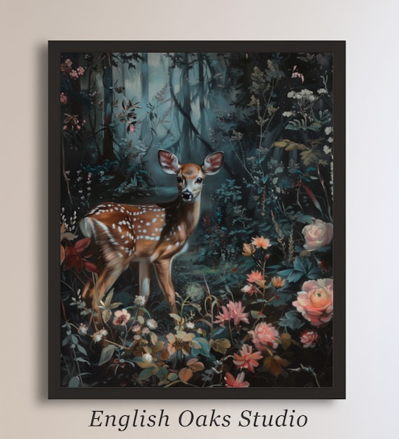 Spotted Fawn In Dark Forest Moody Vintage Cottagecore Deer Painting Poster