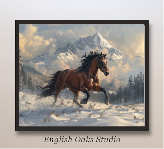Bay Horse Galloping Snowy Alpine Meadow Mountain Winter Art Poster