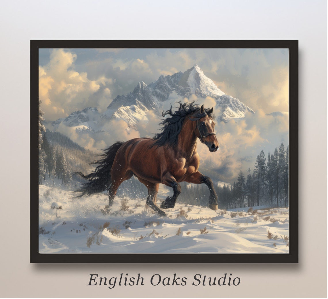 Bay Horse Galloping Snowy Alpine Meadow Mountain Winter Art Poster