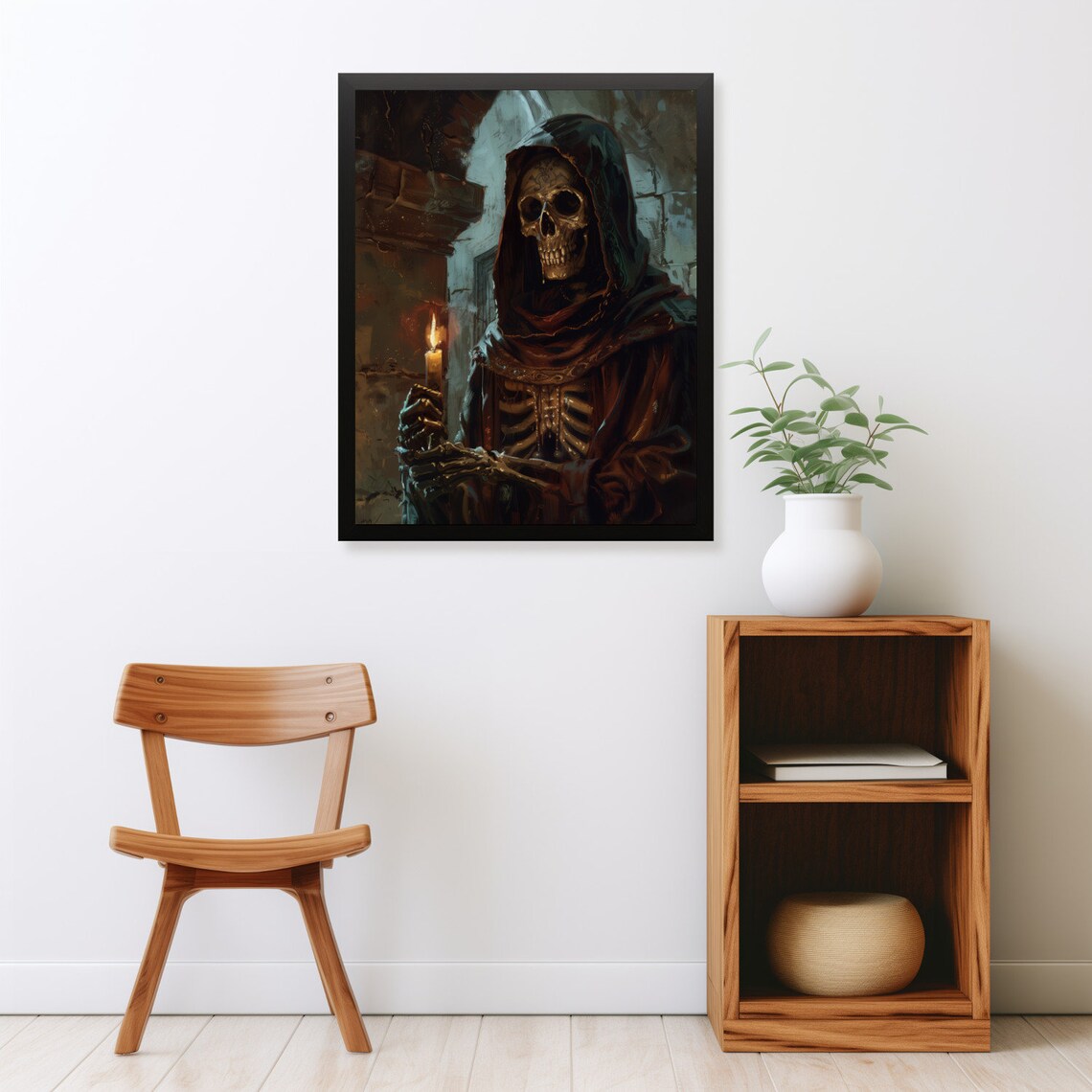 Skeleton in Cloak Holding Candle Moody Gothic Dark Academia Art Poster - Image 2