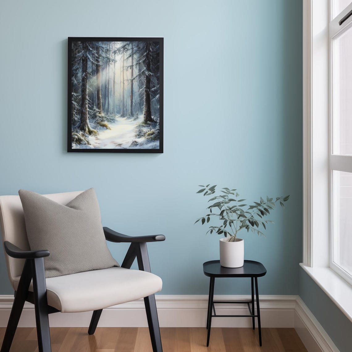 Misty Light Rays Through Snowy Pine Forest Path Winter Poster - Image 2