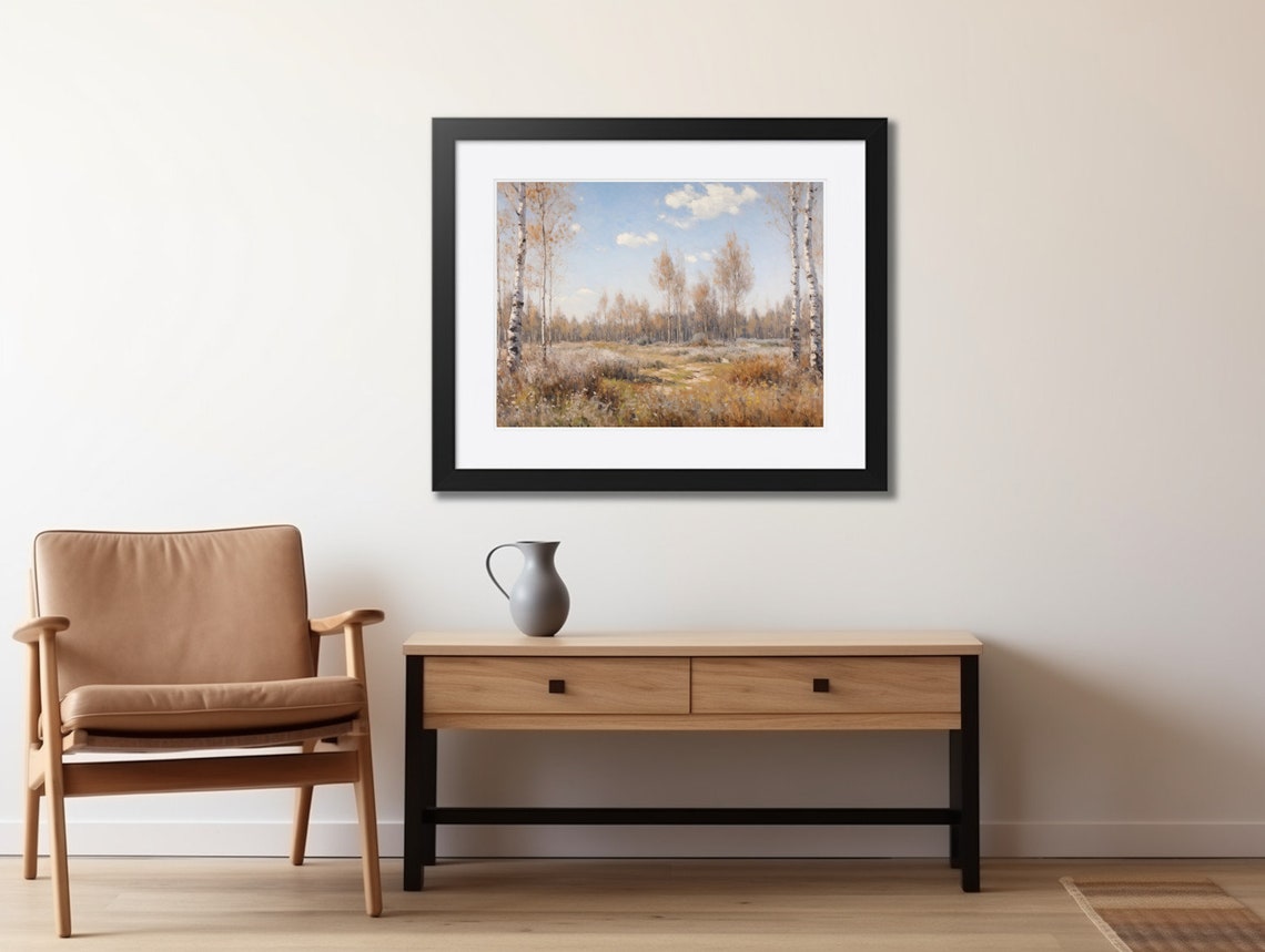 White Birch Trees in Golden Autumn Field Under Blue Sky Poster - Image 2