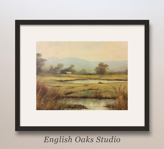 Rustic Prairie Landscape With Flooded Field Oil Painting Vintage Country Side Scenery Wall Art