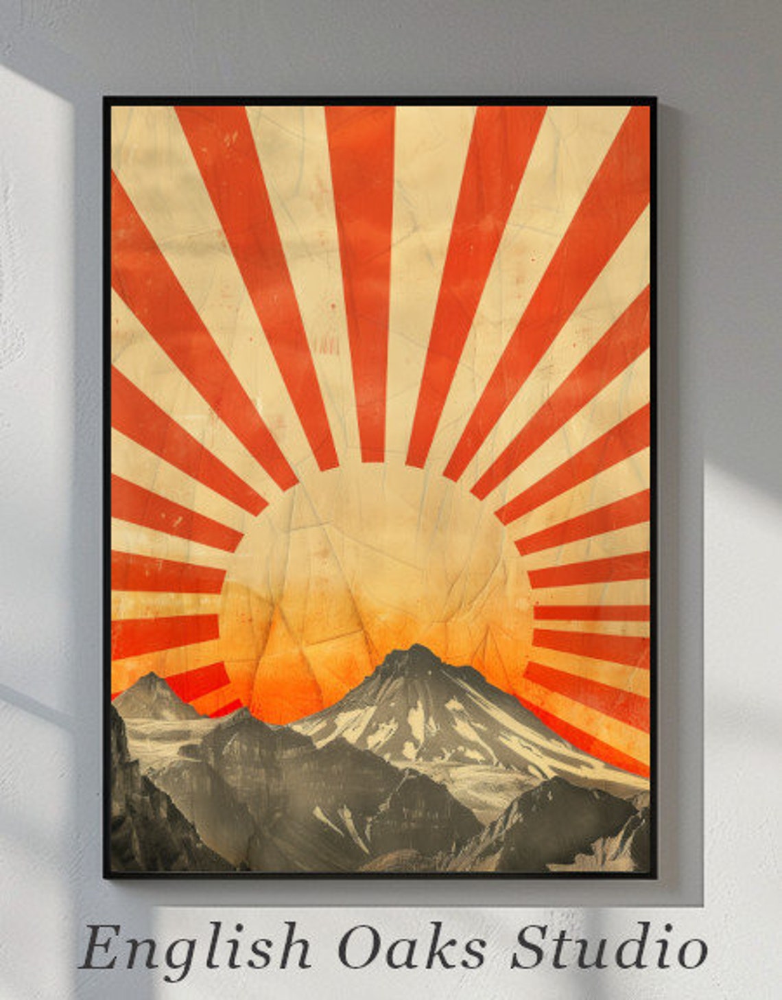 Mid Century Modern Orange Sun Over Abstract Mountains Wall Art