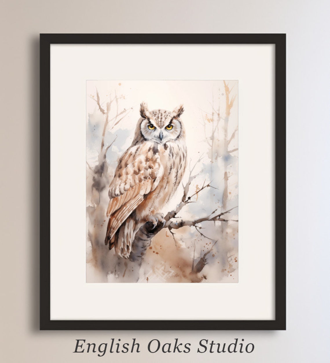Great Horned Owl Watercolor Branch Neutral Wildlife Wall Art