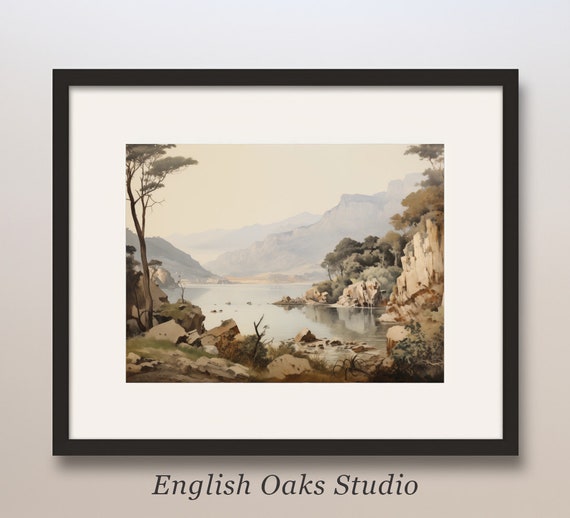 Neutral Mountain Lake Oil Painting Vintage Forest River Wall Art