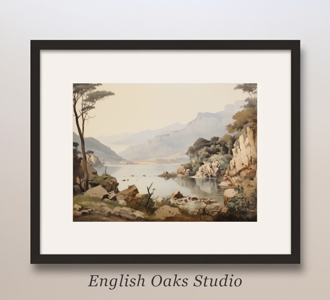 Neutral Mountain Lake with Rocky Cliffs Vintage Oil Painting Poster