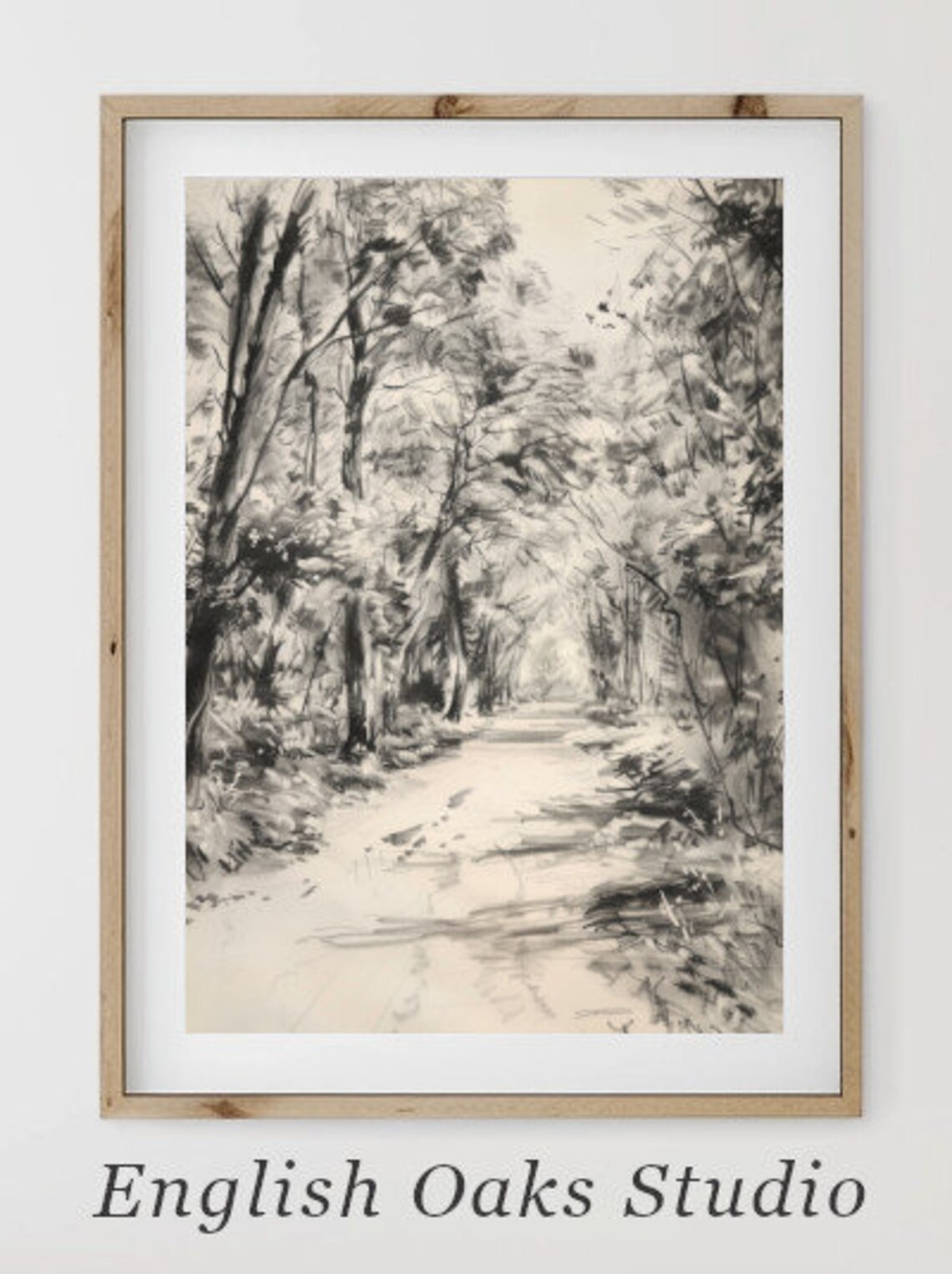 Rustic Neutral Forest Path Charcoal Sketch Vintage Landscape Poster