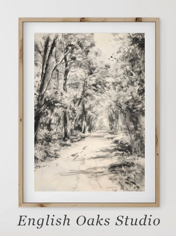 Rustic Neutral Forest Path Landscape Sketch Wall Art Vintage Landscape Decor Wall Art 01