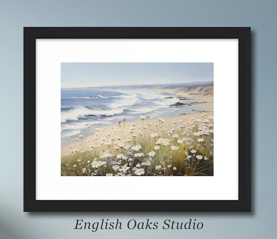 White Daisies On Sandy Beach Grass With Ocean Waves Behind Poster