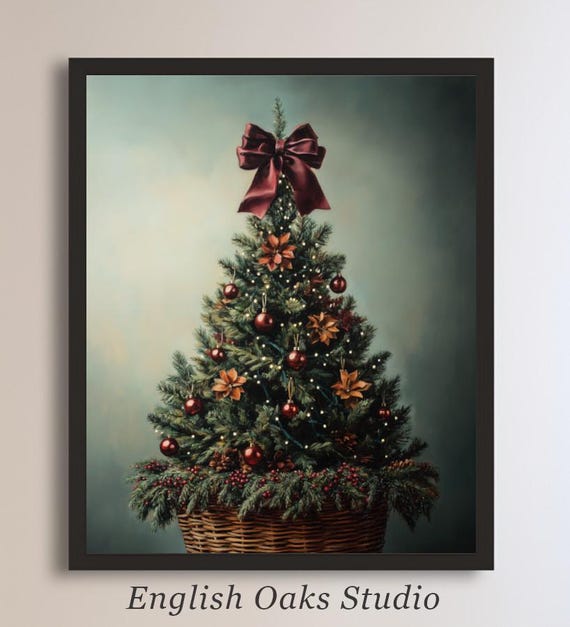 Moody Rustic Ornate Christmas Tree Red Bow Painting Vintage Winter Holiday Tree Basket Burgundy Ornaments And Neutral Poinsettia Print