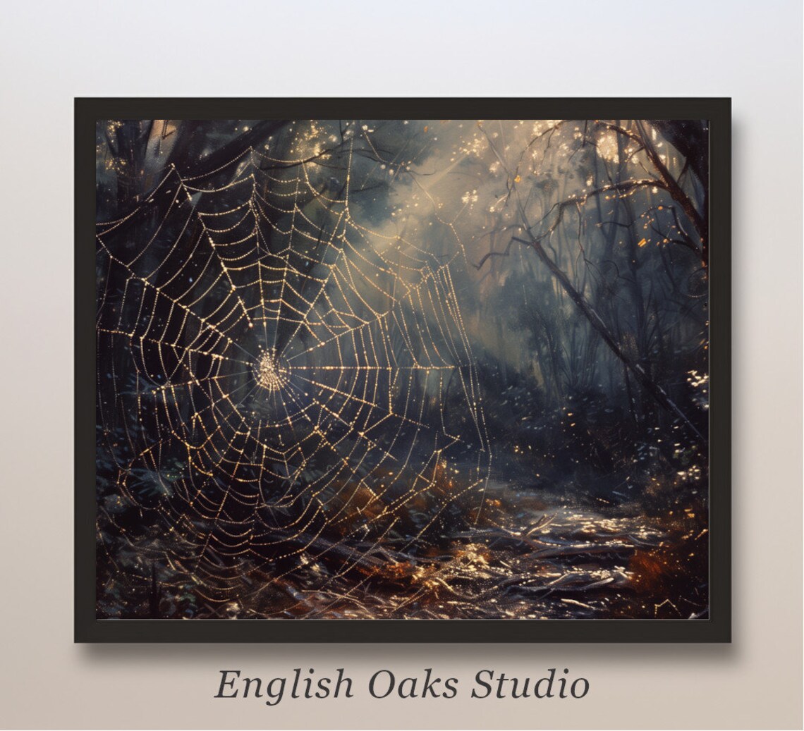 Glowing Spiderweb with Dewdrops in Dark Forest Magical Autumn Night Poster