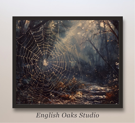 Glowing Spiderweb with Dewdrops in Dark Forest Magical Autumn Night Poster