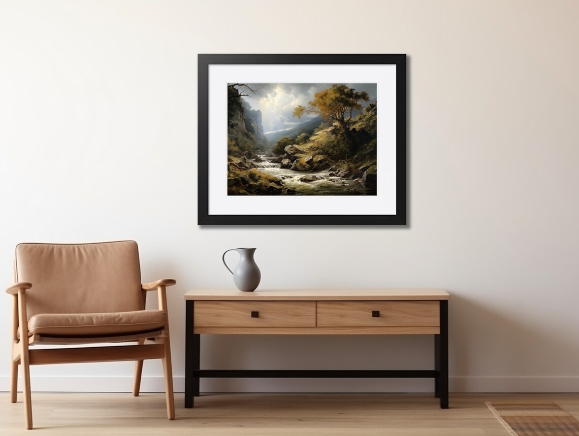 Moody Mountain River Valley Oil Painting Vintage Nature Wall Art - Image 2