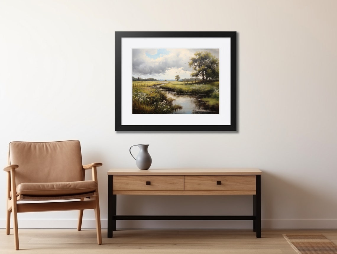 Calm Meadow Stream With Reflections Under a Cloudy Sky Art Poster - Image 2