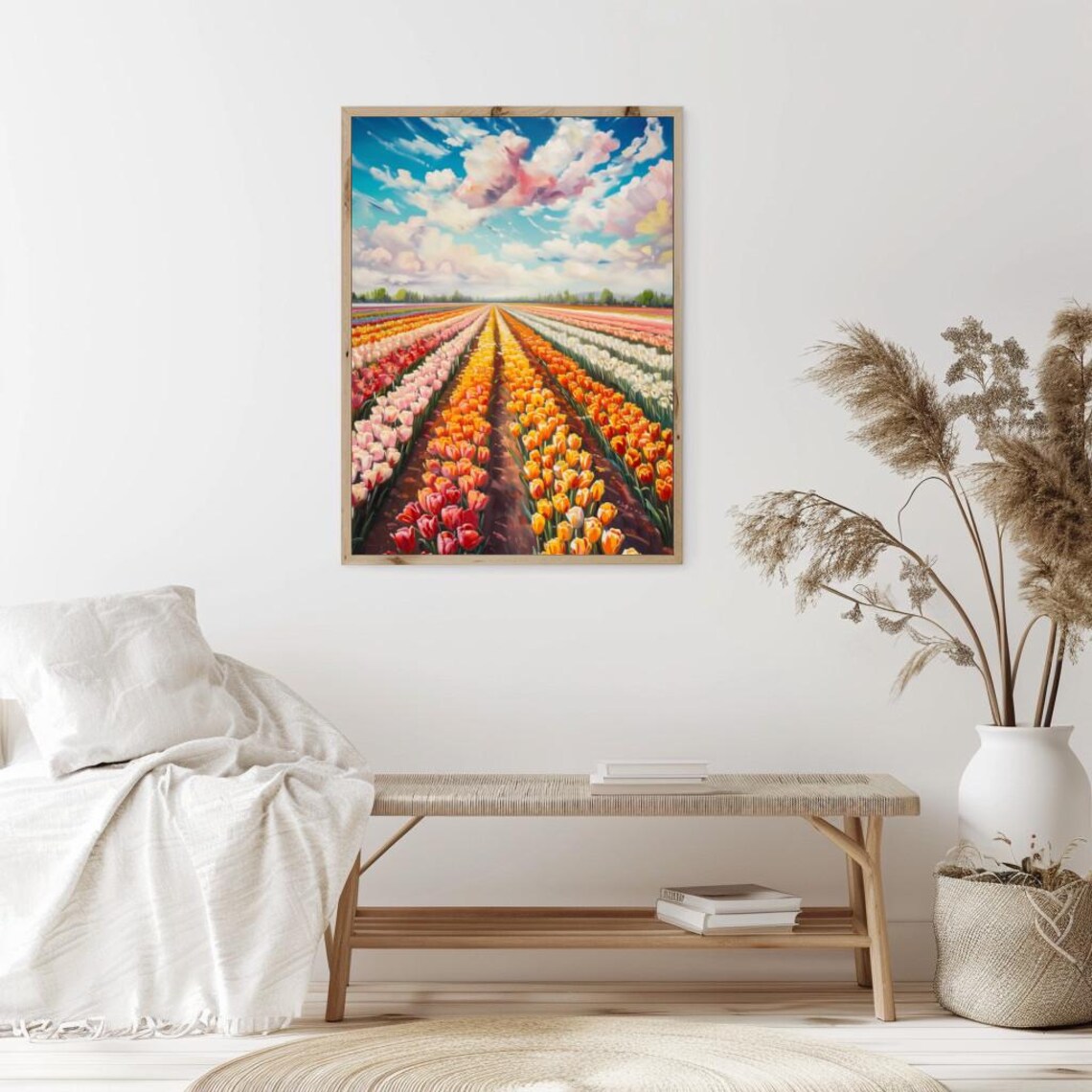 Vibrant Tulip Field Rows Under Pink Clouds Spring Landscape Painting Poster - Image 2