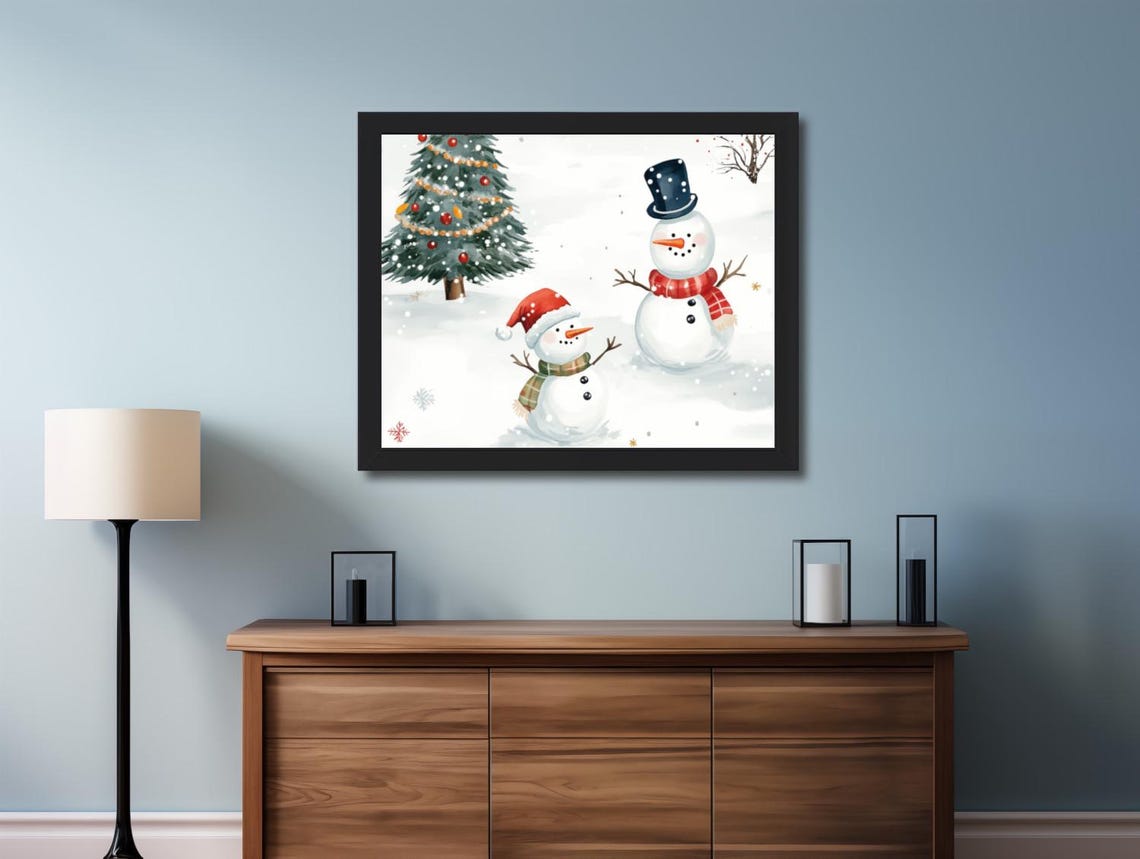 Two Snowmen And Decorated Christmas Tree Snowy Holiday Poster - Image 2