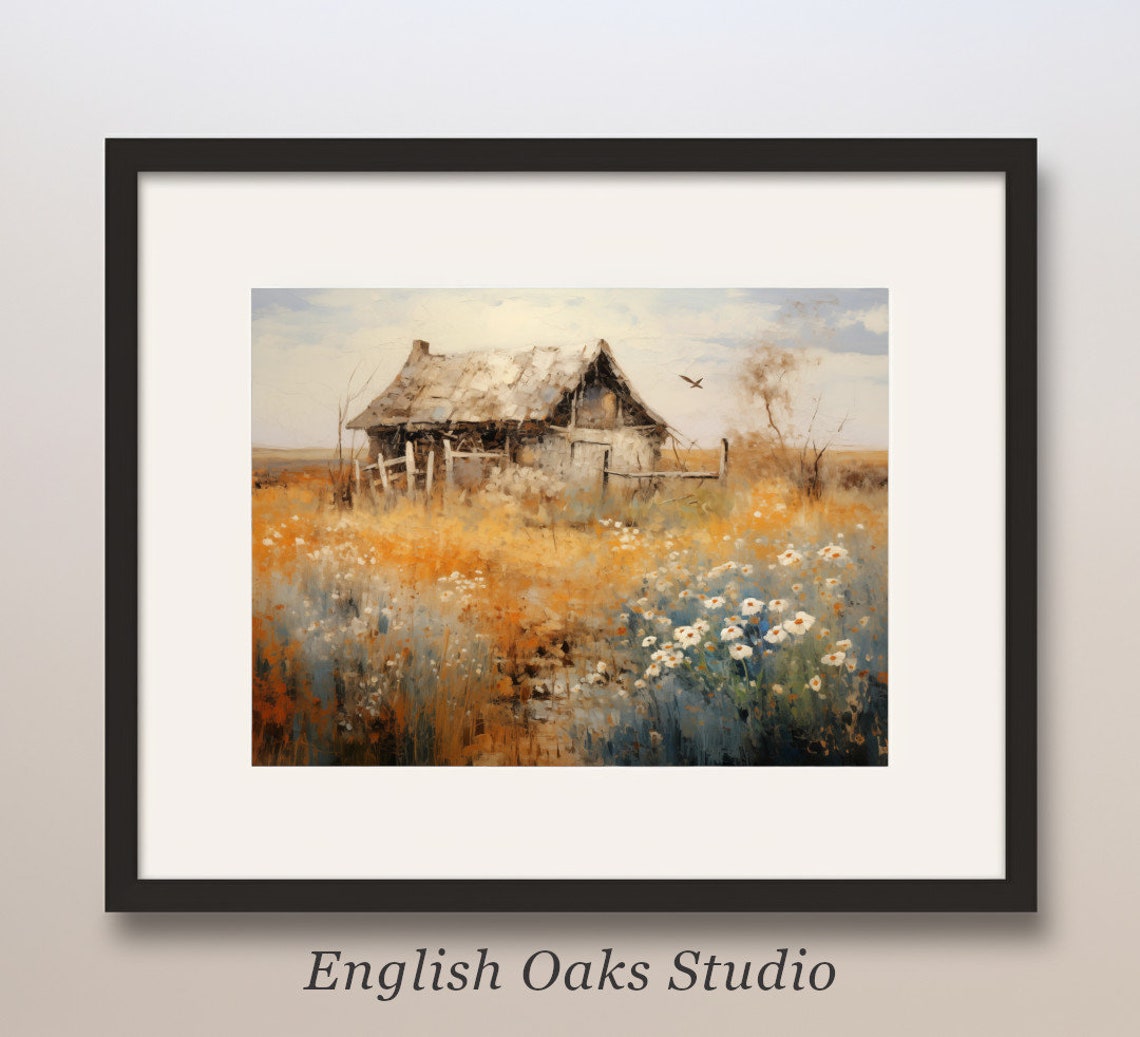 Old Farmhouse in a Wildflower Field Vintage Impressionist Wall Art